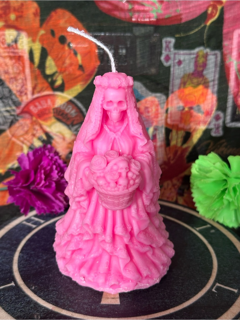 Handmade Pink Skeleton Bride Candle – Gothic Floral Figure
